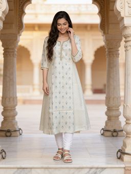 Rangita - Women White Poly Viscose Embroidered Anarkali Calf Length Kurta