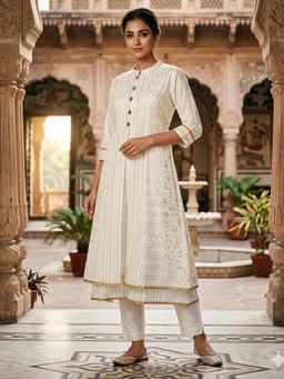 Rangita - Women White Poly Viscose Printed Layered Calf Length Kurta