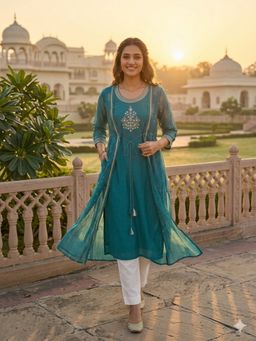 Rangita - Women Turquoise Poly Viscose Embroidered Layered Calf Length Kurta