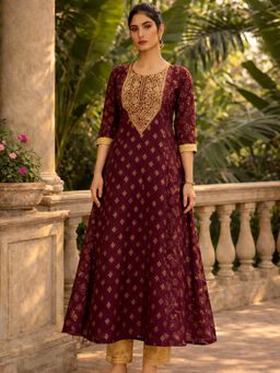 Rangita - Women Wine Poly Viscose Embroidered Anarkali Calf Length Kurta