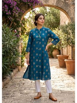 Rangita - Women Blue Poly Viscose Printed Straight Calf Length Kurta