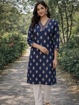 Rangita - Women Blue Rayon Embroidered Straight Calf Length Kurta