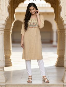 Rangita - Women Cream Rayon Embroidered Straight Calf Length Kurta