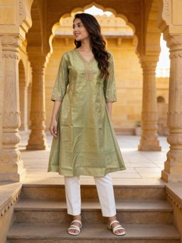 Rangita - Women Olive Chanderi Embroidered Anarkali Calf Length Kurta