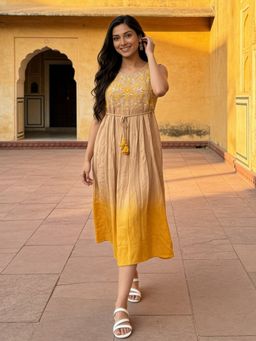 Rangita - Women Mustard Rayon Embroidered Flared Calf Length Dress with Belt