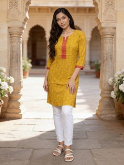 Rangita - Women Mustard Cotton Printed Straight Knee Length Kurta