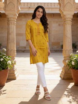 Rangita - Women Mustard Cotton Printed Straight Knee Length Kurta