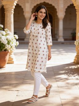 Rangita - Women Off White Rayon Printed Straight Knee Length Kurta