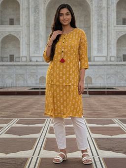 Rangita - Women Yellow Rayon Printed Straight Knee Length Kurta