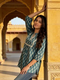 Rangita - Women Navy Blue Cotton Embroidered A-Line Short Length Short Kurta