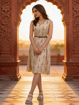 Rangita - Women Brown Cotton Printed Flared Knee Length Dress with Belt