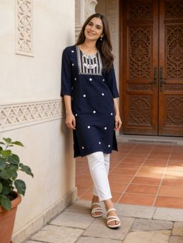 Rangita - Women Blue Rayon Embroidered Straight Calf Length Kurta