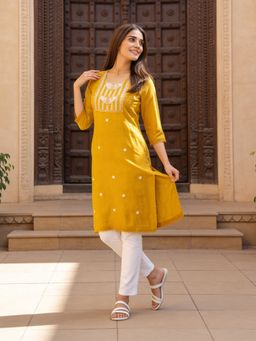 Rangita - Women Mustard Rayon Embroidered Straight Calf Length Kurta