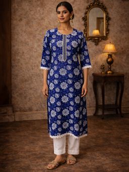 Rangita - Women Blue Cotton Embroidered Straight Knee Length Kurta