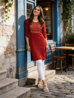 Rangita - Women Maroon Rayon Embroidered Straight Calf Length Kurta