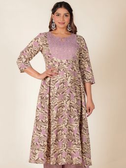 ARAMYA - Purple Soft Cotton Anarkali Floral Print Kurta