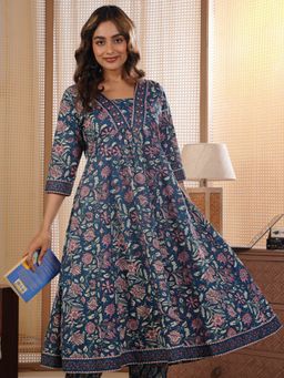 ARAMYA - Blue Soft Cotton Anarkali Floral Print Kurta