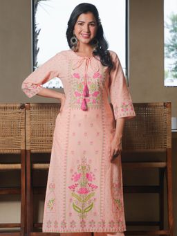 ARAMYA - Peach Soft Cotton Straight Floral Print Kurta