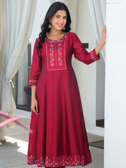 ARAMYA - Maroon Silk Blend Anarkali Print Kurta
