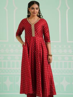 ARAMYA - Red Pst Anarkali Gold Foil Print Kurta