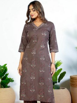 ARAMYA - Brown Soft Cotton Straight Floral Print Kurta