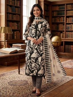 SALWAR STUDIO - Black Cotton printed Unstitched Kurta with Pant and Dupatta