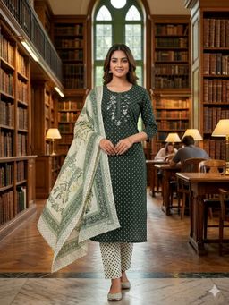 SALWAR STUDIO - Green Cotton Embroidered Unstitched Kurta with Pant and Dupatta