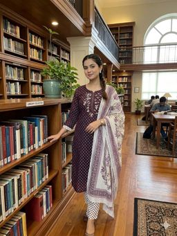 SALWAR STUDIO - Wine Cotton Embroidered Unstitched Kurta with Pant and Dupatta