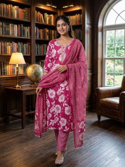SALWAR STUDIO - Pink Cotton printed Unstitched Kurta with Pant and Dupatta