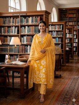 SALWAR STUDIO - Yellow Cotton printed Unstitched Kurta with Pant and Dupatta