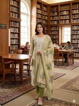 SALWAR STUDIO - Olive Cotton Embroidered Unstitched Kurta with Pant and Dupatta