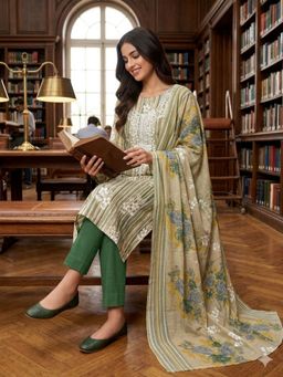 SALWAR STUDIO - Green Cotton Embroidered Unstitched Kurta with Pant and Dupatta