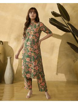 KVS FAB - Green Cotton Blend Floral Kurta and Pant