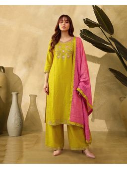 KVS FAB - Yellow Silk Blend Embroidered Kuta and Palazzo with Dupatta