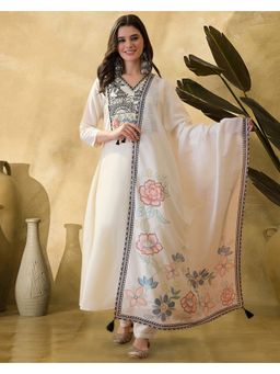 KVS FAB - White Silk Blend Embroidered Kurta and Pant with Dupatta