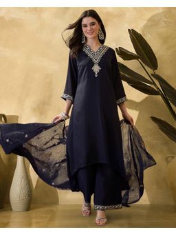 KVS FAB - Navy Blue Silk Blend Embroidered Kuta and Palazzo with Dupatta