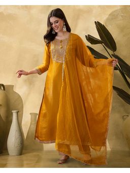 KVS FAB - Mustard Silk Blend Embroidered Kurta and Pant with Dupatta