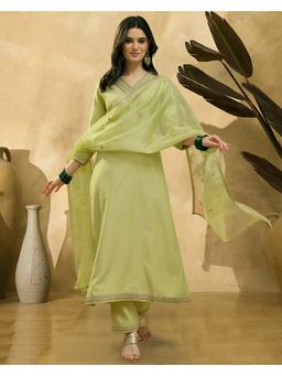 KVS FAB - Lime Green Silk Blend Embroidered Kurta and Pant with Dupatta