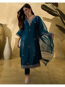 KVS FAB - Women Teal Silk Blend Embroidered Kurta and Pant with Dupatta