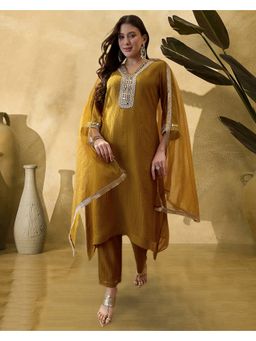 KVS FAB - Mustard Cotton Blend Embroidered Kurta and Pant with Dupatta