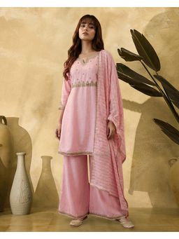 KVS FAB - Pink Cotton Blend Embroidered Kuta and Palazzo with Dupatta