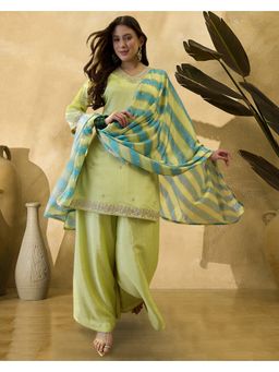 KVS FAB - Lime Green Silk Blend Embroidered Kuta and Palazzo with Dupatta