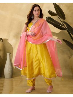 KVS FAB - Yellow Silk Blend Embroidered Kurta and Pant with Dupatta
