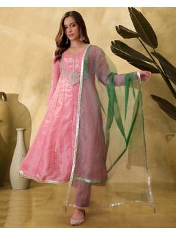 KVS FAB - Pink Silk Blend Paisley Kurta and Pant with Dupatta