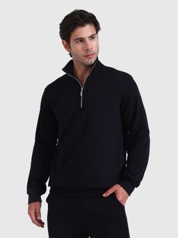 Musclemind - Men Cotton High Neck Solid Black Sweatshirt