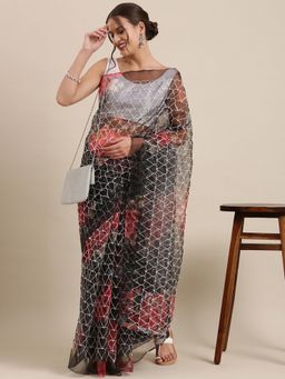 Vastranand - Black & White Floral Organza Saree with Unstitched Blouse