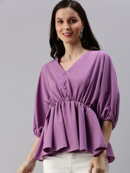 SHOWOFFFF - Women's Solid Peplum Purple V-neck Top