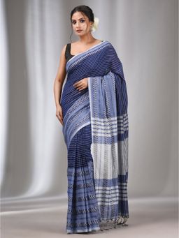 CHARUKRITI - Blue Cotton Handwoven Saree with Stripes Designs with Unstitched Blouse