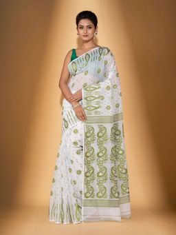 Beatitude - White Cotton Silk Jacquard Jamdani Saree with Unstitched Blouse