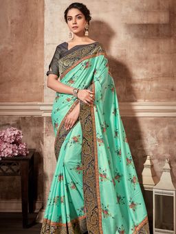 Odette - Green Printed Silk Designer Saree with Unstitched Blouse